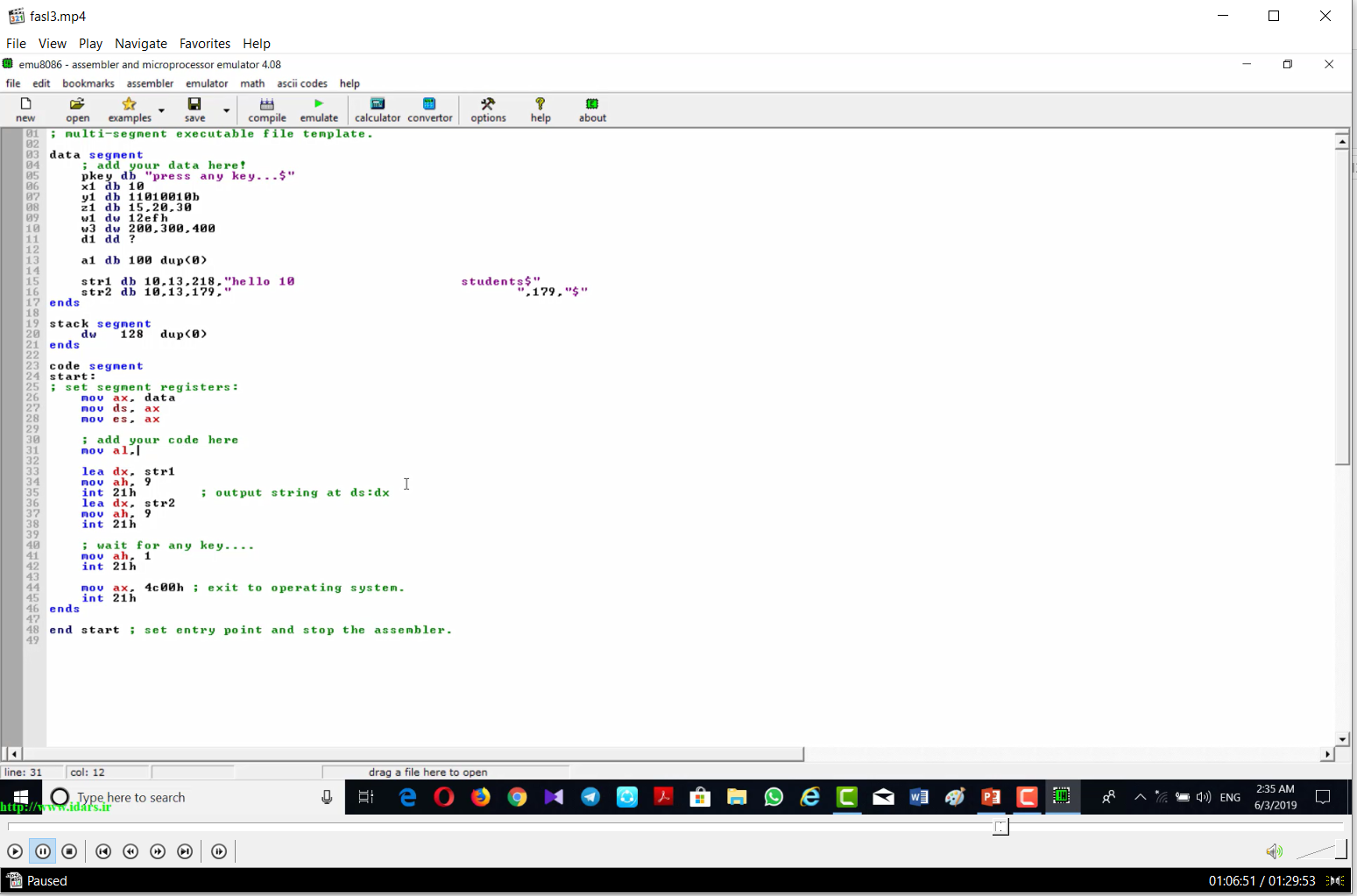 4-ویدیوی تدریس فصل سوم زبان ماشین و اسمبلی- بصورت عملی در محیط Emu8086