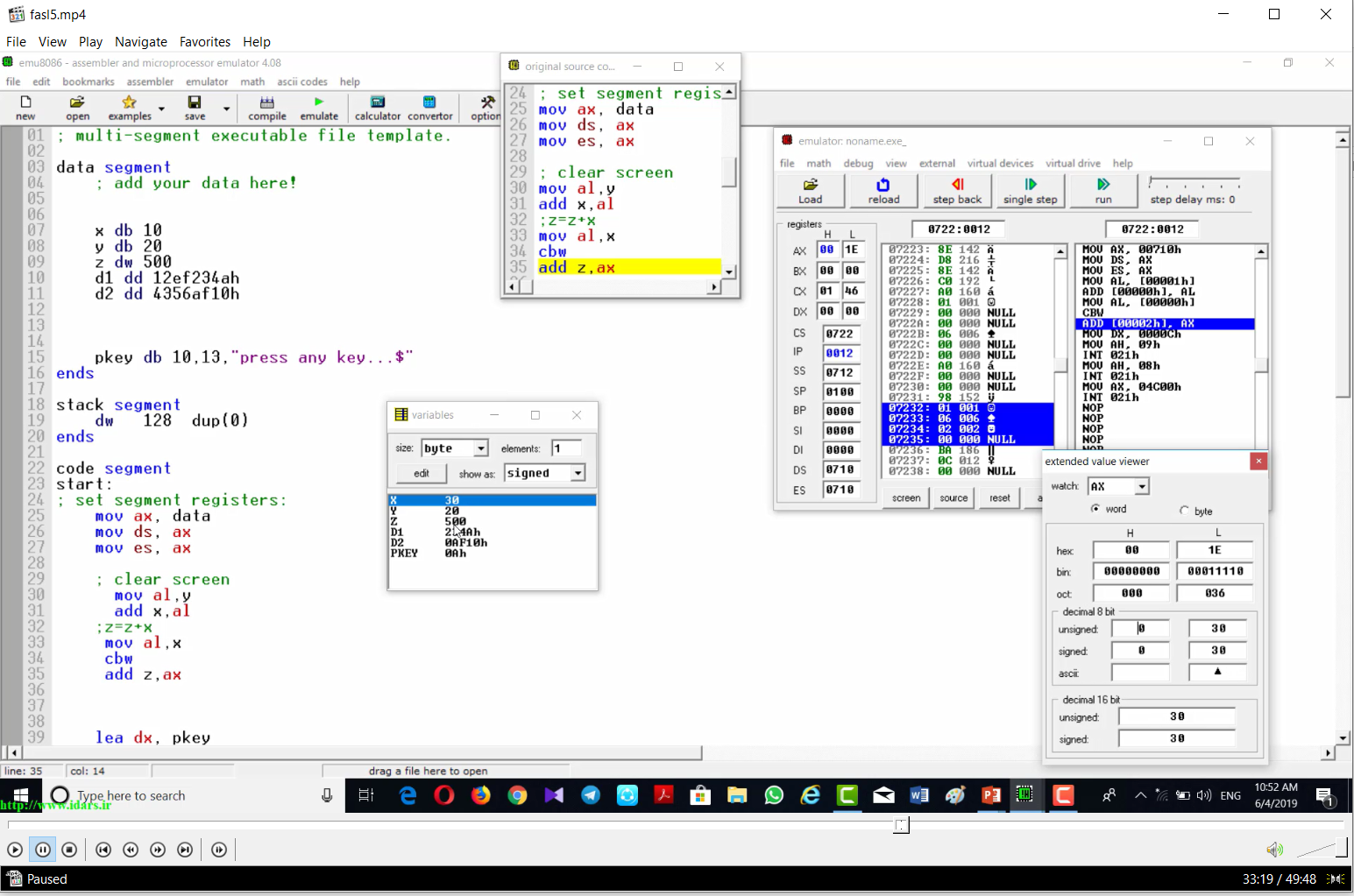 6-ویدیوی تدریس فصل پنجم  زبان ماشین و اسمبلی با انجام عملی دستورات در محیط EMu8086