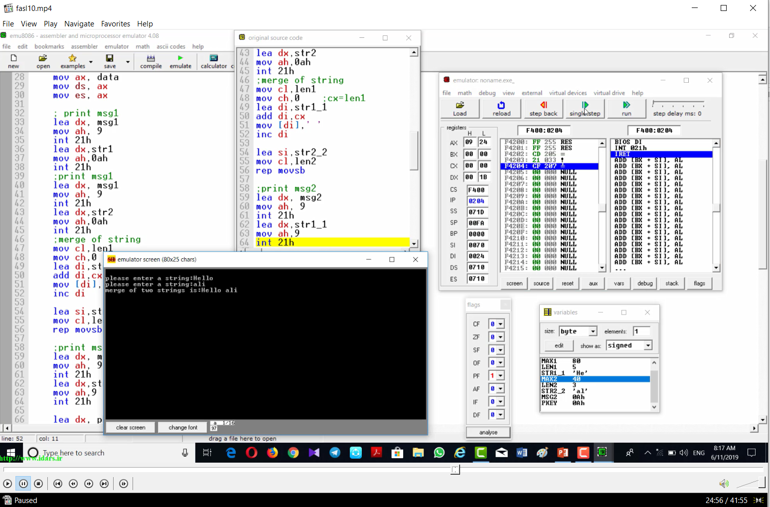 10-ویدیوی تدریس فصل دهم زبان ماشین و اسمبلی و اجرای دستورات و برنامه ها در محیط Emu8086